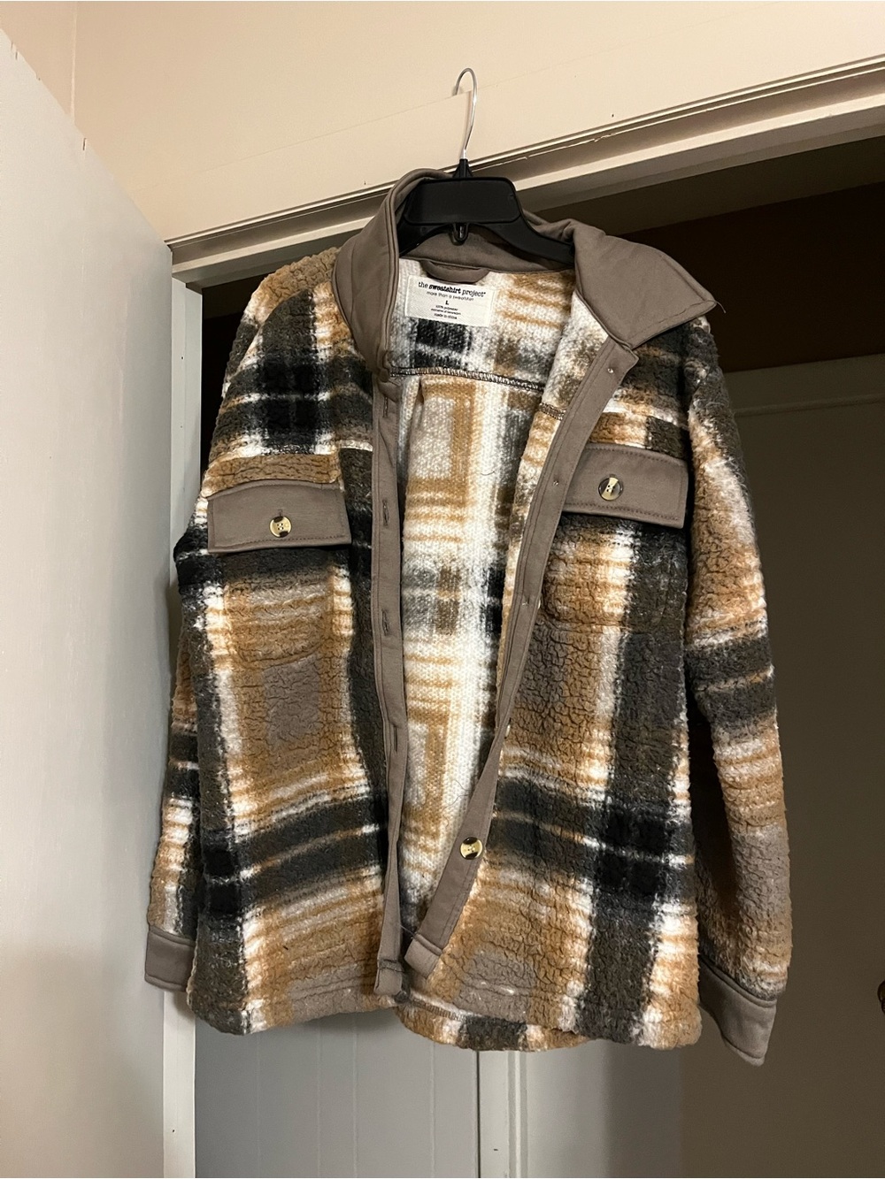 Plaid Sherpa Jacket in Brown & Gray - Unbranded